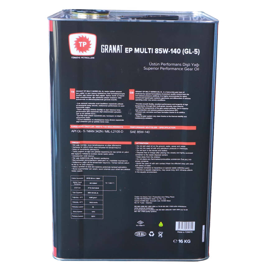 TP Granat EP 85W-140 GL-5 Dişli Yağı 16 KG - 2