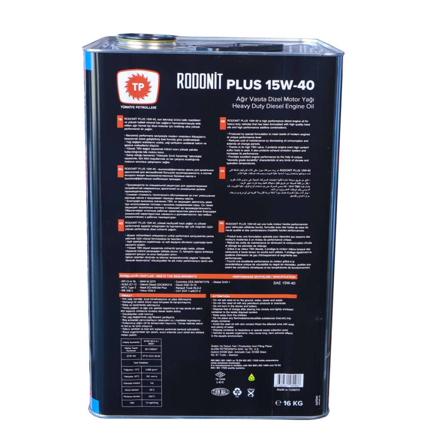 TP Rodonit Plus 15W-40 CI-4 Motor Yağı 16 KG - 3